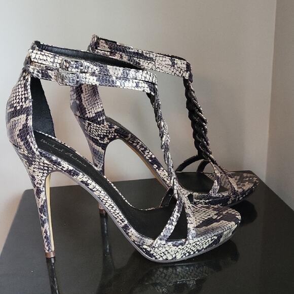 Michael Antonio Brown and Cream Snakeskin 5" High Heeled Sandals Size 8.5 - Picture 9 of 15